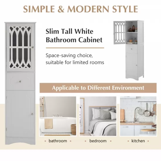 Tall Bathroom Cabinet, Freestanding Storage Cabinet with Drawer and Doors, MDF Board, Acrylic Door, Adjustable Shelf, White Tall Bathroom Cabinet, Freestanding Storage Cabinet with Drawer and Doors, MDF Board, Acrylic Door, Adjustable Shelf, White