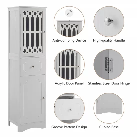 Tall Bathroom Cabinet, Freestanding Storage Cabinet with Drawer and Doors, MDF Board, Acrylic Door, Adjustable Shelf, White Tall Bathroom Cabinet, Freestanding Storage Cabinet with Drawer and Doors, MDF Board, Acrylic Door, Adjustable Shelf, White