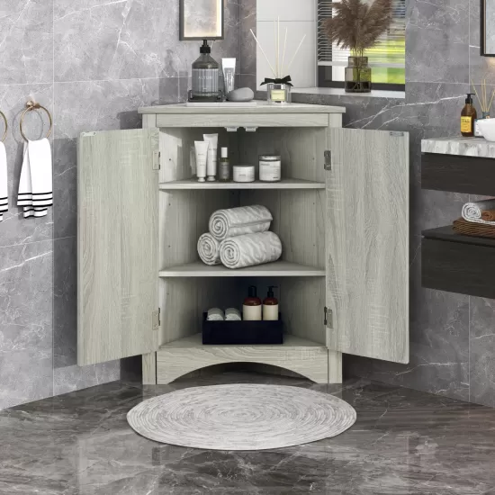 Oak Triangle Bathroom Storage Cabinet with Adjustable Shelves, Freestanding Floor Cabinet for Home Kitchen Oak Triangle Bathroom Storage Cabinet with Adjustable Shelves, Freestanding Floor Cabinet for Home Kitchen