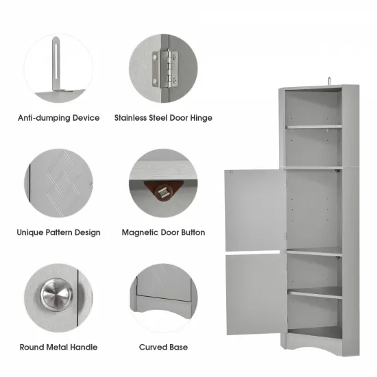 Tall Bathroom Corner Cabinet, Freestanding Storage Cabinet with Doors and Adjustable Shelves, MDF Board, Gray Tall Bathroom Corner Cabinet, Freestanding Storage Cabinet with Doors and Adjustable Shelves, MDF Board, Gray