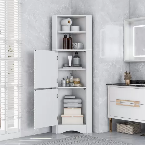 Tall Bathroom Corner Cabinet, Freestanding Storage Cabinet with Doors and Adjustable Shelves, MDF Board, White Tall Bathroom Corner Cabinet, Freestanding Storage Cabinet with Doors and Adjustable Shelves, MDF Board, White