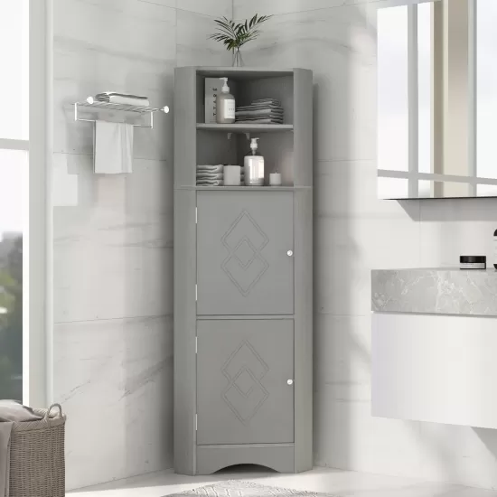 Tall Bathroom Corner Cabinet, Freestanding Storage Cabinet with Doors and Adjustable Shelves, MDF Board, Gray Tall Bathroom Corner Cabinet, Freestanding Storage Cabinet with Doors and Adjustable Shelves, MDF Board, Gray