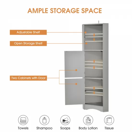 Tall Bathroom Corner Cabinet, Freestanding Storage Cabinet with Doors and Adjustable Shelves, MDF Board, Gray Tall Bathroom Corner Cabinet, Freestanding Storage Cabinet with Doors and Adjustable Shelves, MDF Board, Gray