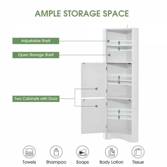 Tall Bathroom Corner Cabinet, Freestanding Storage Cabinet with Doors and Adjustable Shelves, MDF Board, White Tall Bathroom Corner Cabinet, Freestanding Storage Cabinet with Doors and Adjustable Shelves, MDF Board, White