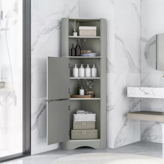Tall Bathroom Corner Cabinet, Freestanding Storage Cabinet with Doors and Adjustable Shelves, MDF Board, Gray Tall Bathroom Corner Cabinet, Freestanding Storage Cabinet with Doors and Adjustable Shelves, MDF Board, Gray