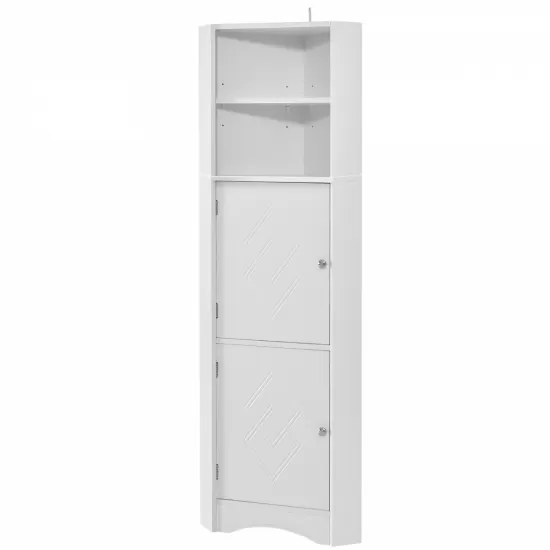 Tall Bathroom Corner Cabinet, Freestanding Storage Cabinet with Doors and Adjustable Shelves, MDF Board, White Tall Bathroom Corner Cabinet, Freestanding Storage Cabinet with Doors and Adjustable Shelves, MDF Board, White