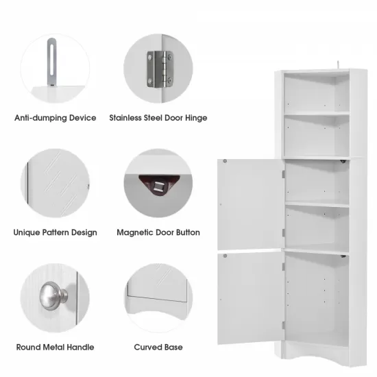 Tall Bathroom Corner Cabinet, Freestanding Storage Cabinet with Doors and Adjustable Shelves, MDF Board, White Tall Bathroom Corner Cabinet, Freestanding Storage Cabinet with Doors and Adjustable Shelves, MDF Board, White