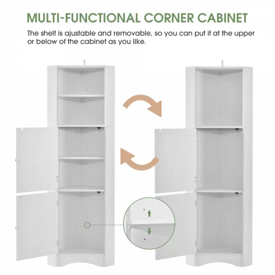 Tall Bathroom Corner Cabinet, Freestanding Storage Cabinet with Doors and Adjustable Shelves, MDF Board, White Tall Bathroom Corner Cabinet, Freestanding Storage Cabinet with Doors and Adjustable Shelves, MDF Board, White