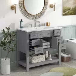 36'' Bathroom Vanity with Top Sink, Modern Bathroom Storage Cabinet with 2 Soft Closing Doors and 6 Drawers, Single Sink Bathroom Vanity 36'' Bathroom Vanity with Top Sink, Modern Bathroom Storage Cabinet with 2 Soft Closing Doors and 6 Drawers, Single Sink Bathroom Vanity