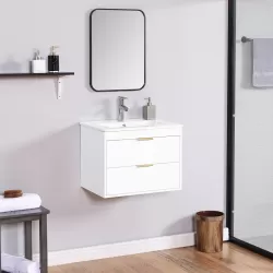 24 Inch floating wall mounted bathroom vanity with white ceramic sink and drawer storage 24 Inch floating wall mounted bathroom vanity with white ceramic sink and drawer storage