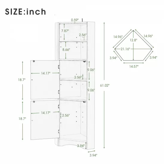Tall Bathroom Corner Cabinet, Freestanding Storage Cabinet with Doors and Adjustable Shelves, MDF Board, White Tall Bathroom Corner Cabinet, Freestanding Storage Cabinet with Doors and Adjustable Shelves, MDF Board, White