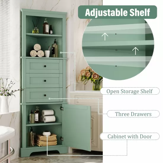 Green Triangle Tall Cabinet with 3 Drawers and Adjustable Shelves for Bathroom, Kitchen or Living Room, MDF Board with Painted Finish Green Triangle Tall Cabinet with 3 Drawers and Adjustable Shelves for Bathroom, Kitchen or Living Room, MDF Board with Painted Finish