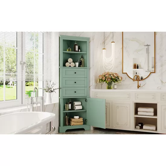 Green Triangle Tall Cabinet with 3 Drawers and Adjustable Shelves for Bathroom, Kitchen or Living Room, MDF Board with Painted Finish Green Triangle Tall Cabinet with 3 Drawers and Adjustable Shelves for Bathroom, Kitchen or Living Room, MDF Board with Painted Finish