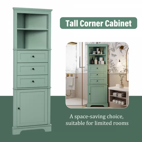 Green Triangle Tall Cabinet with 3 Drawers and Adjustable Shelves for Bathroom, Kitchen or Living Room, MDF Board with Painted Finish Green Triangle Tall Cabinet with 3 Drawers and Adjustable Shelves for Bathroom, Kitchen or Living Room, MDF Board with Painted Finish