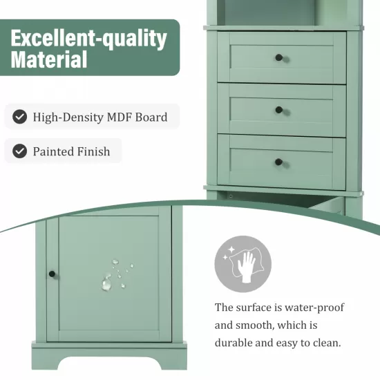 Green Triangle Tall Cabinet with 3 Drawers and Adjustable Shelves for Bathroom, Kitchen or Living Room, MDF Board with Painted Finish Green Triangle Tall Cabinet with 3 Drawers and Adjustable Shelves for Bathroom, Kitchen or Living Room, MDF Board with Painted Finish
