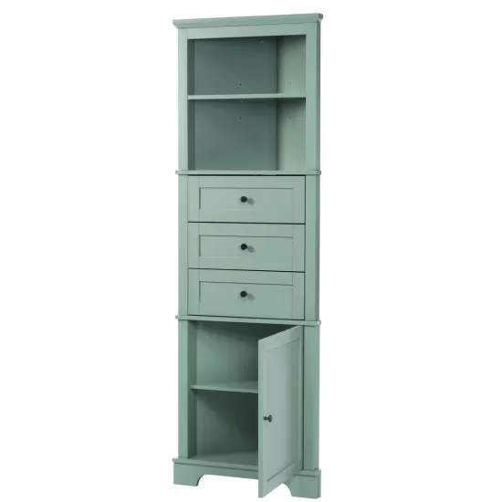 Green Triangle Tall Cabinet with 3 Drawers and Adjustable Shelves for Bathroom, Kitchen or Living Room, MDF Board with Painted Finish Green Triangle Tall Cabinet with 3 Drawers and Adjustable Shelves for Bathroom, Kitchen or Living Room, MDF Board with Painted Finish