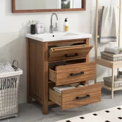 24'' Bathroom Vanity with Ceramic Basin Sink, Modern Bathroom Storage Cabinet with 3 Drawers, Freestanding Bathroom Vanity Cabinet with Single Sink 24'' Bathroom Vanity with Ceramic Basin Sink, Modern Bathroom Storage Cabinet with 3 Drawers, Freestanding Bathroom Vanity Cabinet with Single Sink