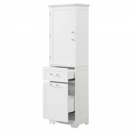 Tall Bathroom Storage Cabinet, Freestanding Storage Cabinet with Two Different Size Drawers and Adjustable Shelf, MDF Board with Painted Finish, White Tall Bathroom Storage Cabinet, Freestanding Storage Cabinet with Two Different Size Drawers and Adjustable Shelf, MDF Board with Painted Finish, White