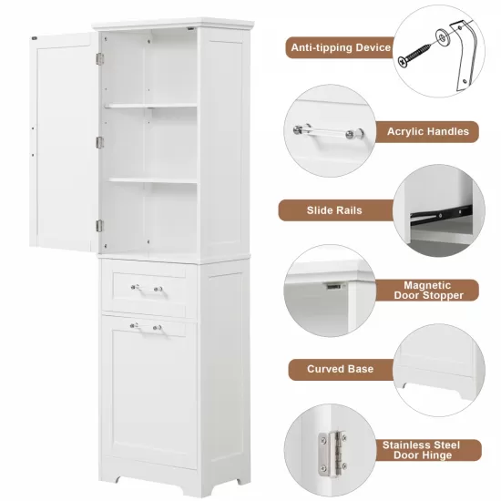 Tall Bathroom Storage Cabinet, Freestanding Storage Cabinet with Two Different Size Drawers and Adjustable Shelf, MDF Board with Painted Finish, White Tall Bathroom Storage Cabinet, Freestanding Storage Cabinet with Two Different Size Drawers and Adjustable Shelf, MDF Board with Painted Finish, White