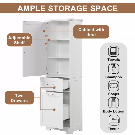 Tall Bathroom Storage Cabinet, Freestanding Storage Cabinet with Two Different Size Drawers and Adjustable Shelf, MDF Board with Painted Finish, White Tall Bathroom Storage Cabinet, Freestanding Storage Cabinet with Two Different Size Drawers and Adjustable Shelf, MDF Board with Painted Finish, White