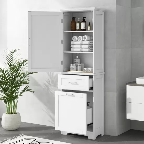 Tall Bathroom Storage Cabinet, Freestanding Storage Cabinet with Two Different Size Drawers and Adjustable Shelf, MDF Board with Painted Finish, White Tall Bathroom Storage Cabinet, Freestanding Storage Cabinet with Two Different Size Drawers and Adjustable Shelf, MDF Board with Painted Finish, White