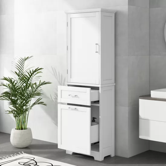 Tall Bathroom Storage Cabinet, Freestanding Storage Cabinet with Two Different Size Drawers and Adjustable Shelf, MDF Board with Painted Finish, White Tall Bathroom Storage Cabinet, Freestanding Storage Cabinet with Two Different Size Drawers and Adjustable Shelf, MDF Board with Painted Finish, White