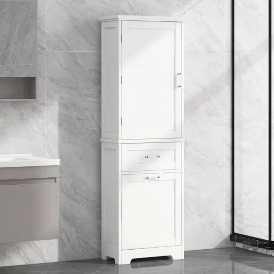 Tall Bathroom Storage Cabinet, Freestanding Storage Cabinet with Two Different Size Drawers and Adjustable Shelf, MDF Board with Painted Finish, White Tall Bathroom Storage Cabinet, Freestanding Storage Cabinet with Two Different Size Drawers and Adjustable Shelf, MDF Board with Painted Finish, White