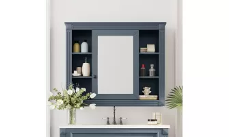 Modern 35 x 28 Wall Mounted Bathroom Storage Cabinet with Mirror and 6 Open Shelves – Stylish and Functional Solution for