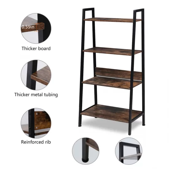 YSSOA 4-Tier Ladder Bookshelf Organizer, Rustic Brown Ladder Shelf for Home & Office, Wood Board & Metal Frame YSSOA 4-Tier Ladder Bookshelf Organizer, Rustic Brown Ladder Shelf for Home & Office, Wood Board & Metal Frame