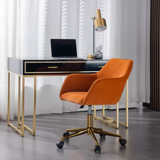 Modern Velvet Fabric Material Adjustable Height 360 revolving Home Office Chair with Gold Metal Legs and Universal Wheels for Indoor,Orange Modern Velvet Fabric Material Adjustable Height 360 revolving Home Office Chair with Gold Metal Legs and Universal Wheels for Indoor,Orange