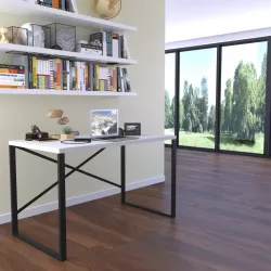 Furnish Home Store Lator Black Metal Frame 35 Inch Wooden Top Small Writing and Computer  Desk for Teens Bedroom, White