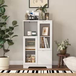 Wooden Floor Cabinet with 2 Glass Doors and 2 Storage Space,White ,Living Room Bathroom Entryway White