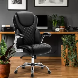 Ergonomic Office Chair With Flip-Up Armrests And Wheels, Leather Rocking Executive Office Chair, Black
