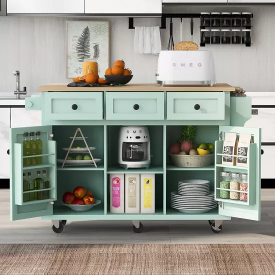Kitchen Cart with Rubber wood Drop-Leaf Countertop ,Cabinet door internal storage racks,Kitchen Island on 5 Wheels with Storage Cabinet and 3 Drawers for Dinning Room, Mint Green Kitchen Cart with Rubber wood Drop-Leaf Countertop ,Cabinet door internal storage racks,Kitchen Island on 5 Wheels with Storage Cabinet and 3 Drawers for Dinning Room, Mint Green