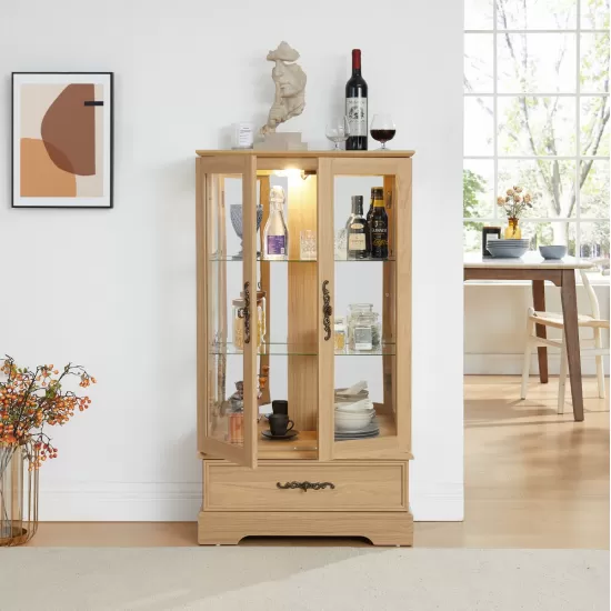 Glass Cabinet Lighted Glass Cabinet Curio Display Cabinet with Adjustable Glass Shelves 2 Doors and 1 drawer Cabinet Bulb Included OAK Glass Cabinet Lighted Glass Cabinet Curio Display Cabinet with Adjustable Glass Shelves 2 Doors and 1 drawer Cabinet Bulb Included OAK