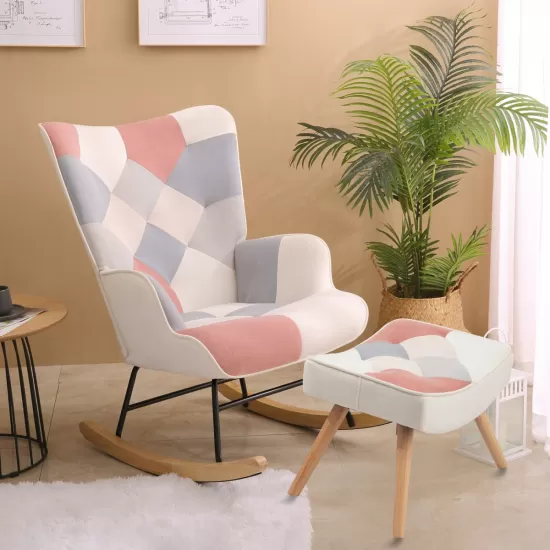 Rocking Chair with ottoman, Mid Century Fabric Rocker Chair with Wood Legs and Patchwork Linen for Livingroom Bedroom Rocking Chair with ottoman, Mid Century Fabric Rocker Chair with Wood Legs and Patchwork Linen for Livingroom Bedroom