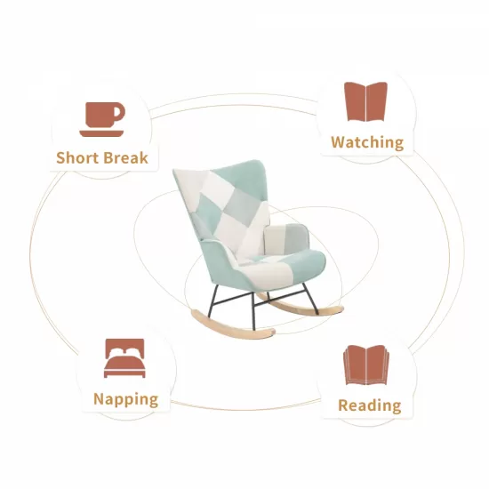 Rocking Chair with ottoman, Mid Century Fabric Rocker Chair with Wood Legs and Patchwork Linen for Livingroom Bedroom Rocking Chair with ottoman, Mid Century Fabric Rocker Chair with Wood Legs and Patchwork Linen for Livingroom Bedroom