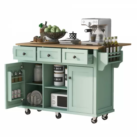 Kitchen Cart with Rubber wood Drop-Leaf Countertop ,Cabinet door internal storage racks,Kitchen Island on 5 Wheels with Storage Cabinet and 3 Drawers for Dinning Room, Mint Green Kitchen Cart with Rubber wood Drop-Leaf Countertop ,Cabinet door internal storage racks,Kitchen Island on 5 Wheels with Storage Cabinet and 3 Drawers for Dinning Room, Mint Green