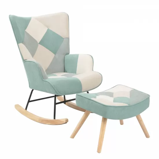 Rocking Chair with ottoman, Mid Century Fabric Rocker Chair with Wood Legs and Patchwork Linen for Livingroom Bedroom Rocking Chair with ottoman, Mid Century Fabric Rocker Chair with Wood Legs and Patchwork Linen for Livingroom Bedroom