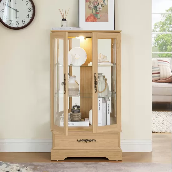 Glass Cabinet Lighted Glass Cabinet Curio Display Cabinet with Adjustable Glass Shelves 2 Doors and 1 drawer Cabinet Bulb Included OAK Glass Cabinet Lighted Glass Cabinet Curio Display Cabinet with Adjustable Glass Shelves 2 Doors and 1 drawer Cabinet Bulb Included OAK