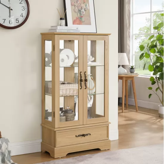 Glass Cabinet Lighted Glass Cabinet Curio Display Cabinet with Adjustable Glass Shelves 2 Doors and 1 drawer Cabinet Bulb Included OAK Glass Cabinet Lighted Glass Cabinet Curio Display Cabinet with Adjustable Glass Shelves 2 Doors and 1 drawer Cabinet Bulb Included OAK