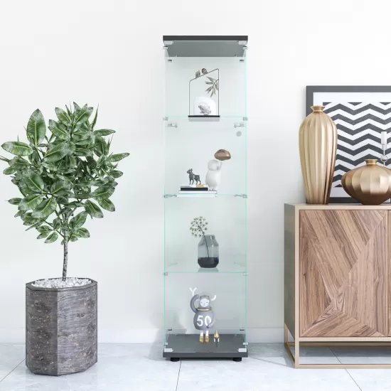Glass Display Cabinet 4 Shelves with Door, Floor Standing Curio Bookshelf for Living Room Bedroom Office, 64.7 Inch*16.7 Inch*14.3 Inch, Black Glass Display Cabinet 4 Shelves with Door, Floor Standing Curio Bookshelf for Living Room Bedroom Office, 64.7 Inch*16.7 Inch*14.3 Inch, Black