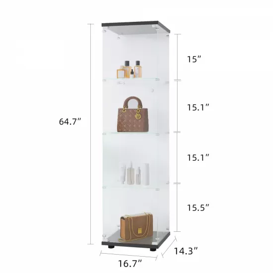Glass Display Cabinet 4 Shelves with Door, Floor Standing Curio Bookshelf for Living Room Bedroom Office, 64.7 Inch*16.7 Inch*14.3 Inch, Black Glass Display Cabinet 4 Shelves with Door, Floor Standing Curio Bookshelf for Living Room Bedroom Office, 64.7 Inch*16.7 Inch*14.3 Inch, Black