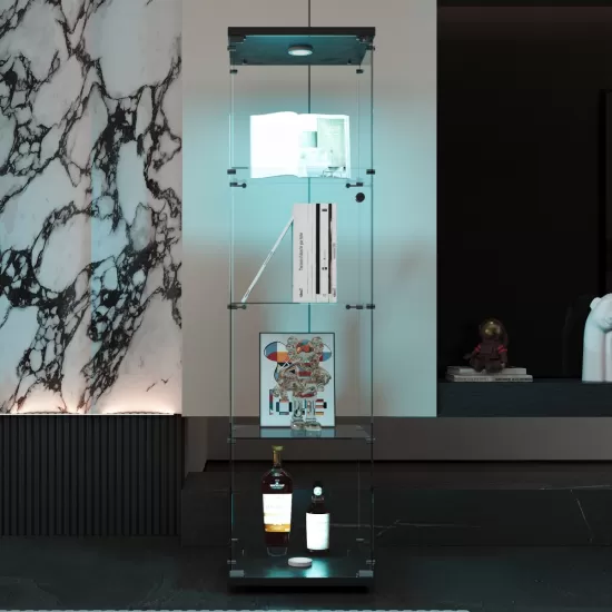 LED lights Glass Display Cabinet 4 Shelves with Door, Floor Standing Curio Bookshelf for Living Room Bedroom Office, 64.7 Inch*16.7 Inch*14.3 Inch, Black LED lights Glass Display Cabinet 4 Shelves with Door, Floor Standing Curio Bookshelf for Living Room Bedroom Office, 64.7 Inch*16.7 Inch*14.3 Inch, Black