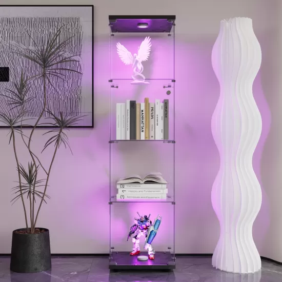 LED lights Glass Display Cabinet 4 Shelves with Door, Floor Standing Curio Bookshelf for Living Room Bedroom Office, 64.7 Inch*16.7 Inch*14.3 Inch, Black LED lights Glass Display Cabinet 4 Shelves with Door, Floor Standing Curio Bookshelf for Living Room Bedroom Office, 64.7 Inch*16.7 Inch*14.3 Inch, Black