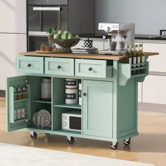 Kitchen Cart with Rubber wood Drop-Leaf Countertop ,Cabinet door internal storage racks,Kitchen Island on 5 Wheels with Storage Cabinet and 3 Drawers for Dinning Room, Mint Green Kitchen Cart with Rubber wood Drop-Leaf Countertop ,Cabinet door internal storage racks,Kitchen Island on 5 Wheels with Storage Cabinet and 3 Drawers for Dinning Room, Mint Green