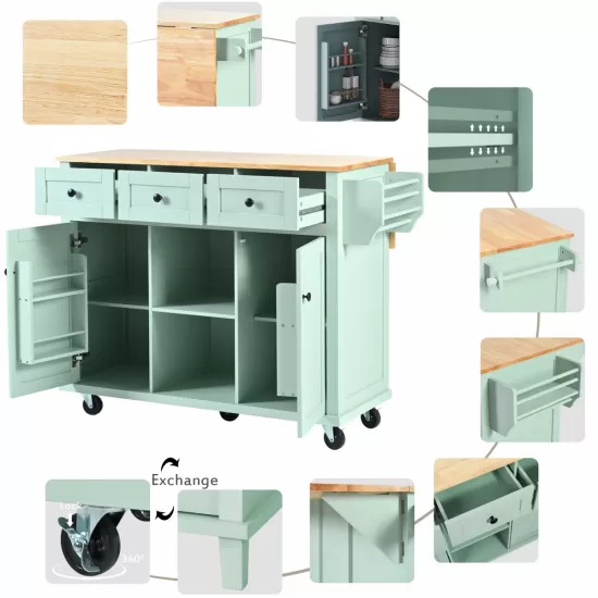 Kitchen Cart with Rubber wood Drop-Leaf Countertop ,Cabinet door internal storage racks,Kitchen Island on 5 Wheels with Storage Cabinet and 3 Drawers for Dinning Room, Mint Green Kitchen Cart with Rubber wood Drop-Leaf Countertop ,Cabinet door internal storage racks,Kitchen Island on 5 Wheels with Storage Cabinet and 3 Drawers for Dinning Room, Mint Green