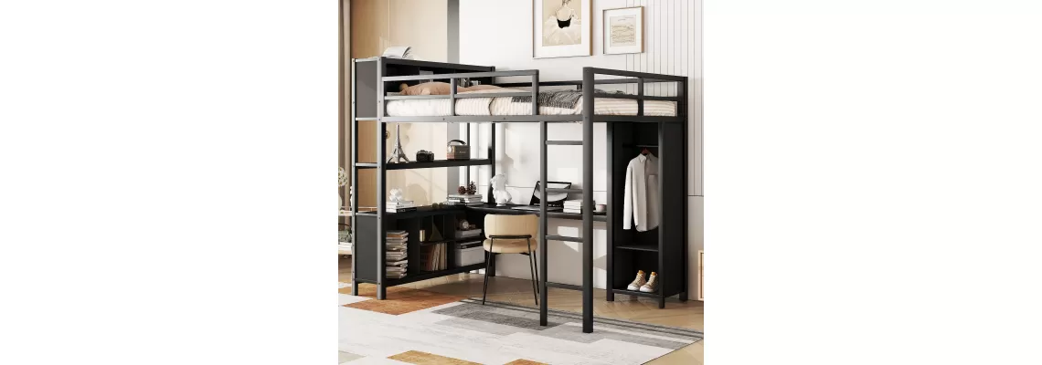 Full Size Metal Loft Bed with Wardrobe & L-Shaped Desk – Heavy Duty Storage Solution for Kids, Teens & Adults (Black)
Full Size Metal Loft Bed with Wardrobe & L-Shaped Desk – Heavy Duty Storage Solution for Kids, Teens & Adults (Black)