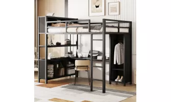   

Full Size Metal Loft Bed with Wardrobe & L-Shaped Desk – Heavy Duty Storage Solution for Kids, Teens & Adults (Black)