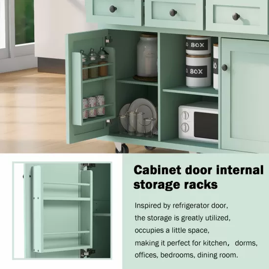Kitchen Cart with Rubber wood Drop-Leaf Countertop ,Cabinet door internal storage racks,Kitchen Island on 5 Wheels with Storage Cabinet and 3 Drawers for Dinning Room, Mint Green Kitchen Cart with Rubber wood Drop-Leaf Countertop ,Cabinet door internal storage racks,Kitchen Island on 5 Wheels with Storage Cabinet and 3 Drawers for Dinning Room, Mint Green
